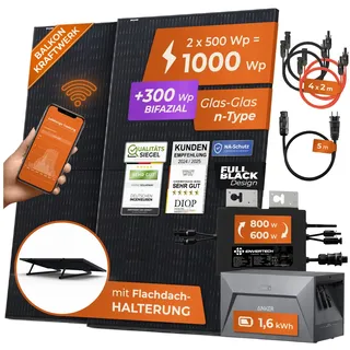 Solarway® 1000W Balkonkraftwerk mit Speicher 800W komplett Steckdose - neuester 800 Watt Wechselrichter - 1,6 kWh Anker Solix 1 - 500W bifaziale Solarmodule & Envertech & Anker