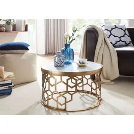 FineBuy Couchtisch Rund Weiß/Gold Marmor 60 x 60 x 36 cm