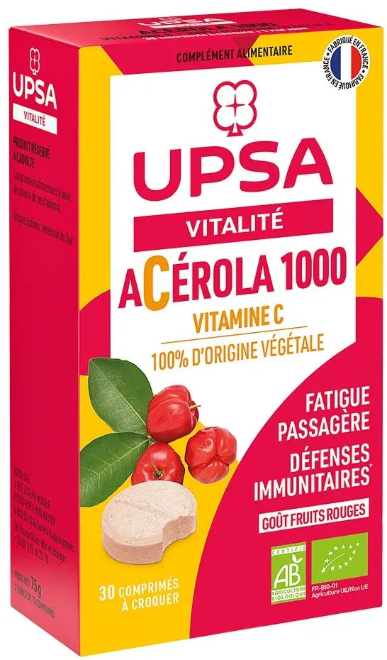 Acérola 1000 BIO UPSA - 30 comprimés à croquer - Adulte - Complément alimentaire, goût fruits rouges - Fatigue passagère et défenses immunitaires 30 pc(s) comprimé(s) à croquer