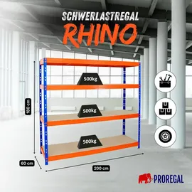 Proregal Schwerlastregal Metall 180 x 200 x 60 cm Blau/Orange 4 Spanplatten-Ebenen 8mm Fachlast 500 kg