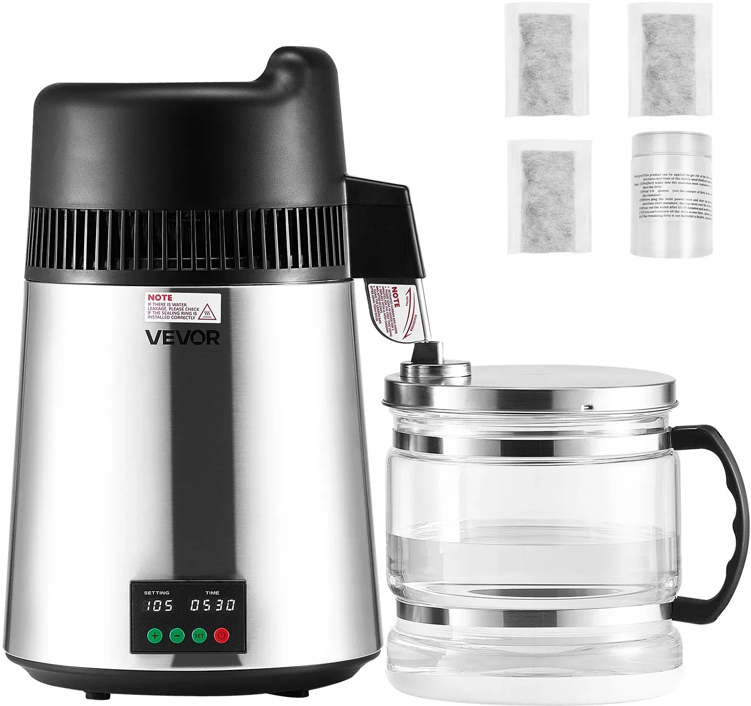VEVOR Wasserdestilliergerät 6 L größerer Reinwasserfilter, 900 W Destilliergerät aus Glas, Trinkwassergerät mit Edelstahlinnenraum zur Herstellung von sauberem Wasser, Wasserdestillierer Silber