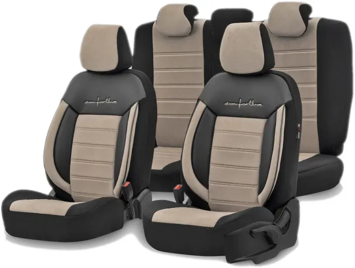 Komplettset: Luxuriöse Polsterung OTOM-Textil mit Kunstleder, COMFORT LINE Design – Beige-Schwarz mit beiger Naht, für vordere u