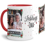 Tasse - Lieblings-Oma - zum selbst Gestalten mit zwei Fotos - personalisierbare Fototasse für Oma aus Keramik, Innen & Henkel Rot, 300 ml