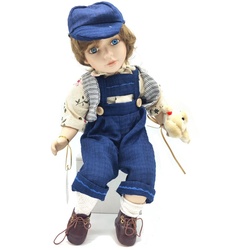 Topline Austria handgemachte Porzellanpuppe Junge mit blauer Latzhose 35cm Sa...