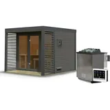 Woodfeeling Karibu Saunahaus Ares 3 - Hybridhaus mit Metallrahmen - 38 mm terragrau Blech-Ausführung: anthrazit 9 kW Bio-Kombiofen inkl. Steuergerät inkl. 8-teiligem gratis Zubehörpaket (Gesamtwert 191,92€)