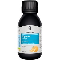 Dr. Budwig® Omega 3 Algenöl Vegan Orange (100ml) - hochdosiert, reich an DHA, EPA, Vitamin D3 und K2 - Algenöl Omega 3 vegan flüssig, Omega 3 Kinder, Omega 3 Öl Algenöl flüssig Algenöl Kinder