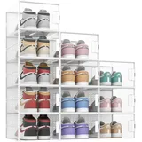 Pinkpum 12er Schuhboxen Stapelbar Transparent Schuh-Organizer Faltbar Hartplastik Schuhkarton mit Deckel, Schuhaufbewahrung für Stöckelschuhe, Stiefeletten, bis Größe 48 Weiß