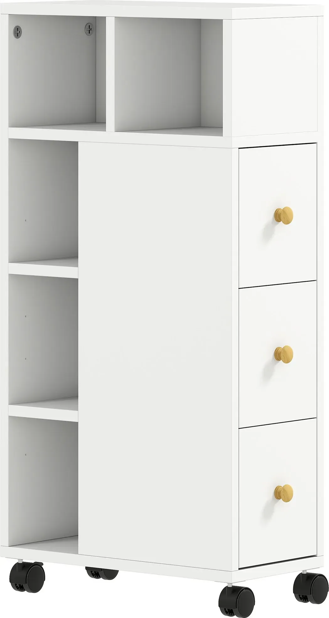 HOMCOM Badezimmerschrank Schmal, Badschrank mit 4 Rollen, 3 Schubladen, Nischenschrank Aufbewahrungsschrank mit 5 offenen Fächern, Toilettenschrank für Kleine Räume, 20 x 40 x 80 cm, Weiß   Aosom