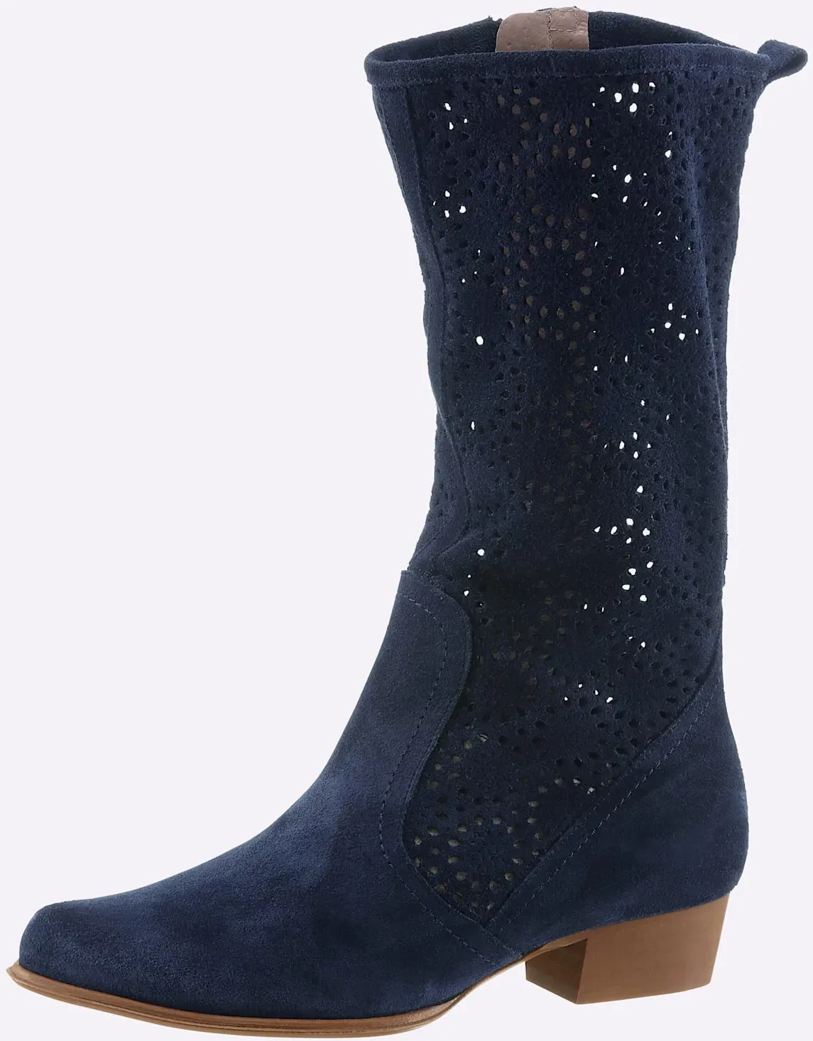 Stiefel HEINE, Damen, Gr. 36, blau (marine), Leder, Rindsleder, Veloursleder, Schuhe Stiefel