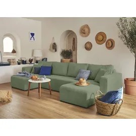 best mobilier Topaze - 7-Sitzer wohnlandschaft u-form - schlaffunktion und Bettkasten - Cord Salbeigrün