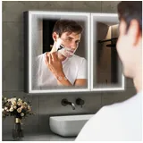 WDWRITTI Spiegelschrank Schwarz Metall Badezimmerspiegelschrank mit 3Lichtmodi Anti-fog 80x60 (Badschrank mit Spiegel Hängeschrank Doppeltür, Helligkeit dimmbar, Speicherfunktion) Alu-Schranktür, Doppelseitiger Spiegel, Verstellbare Glasböden schwarz