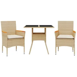 vidaXL 3-tlg. Garten-Essgruppe mit Kissen Beige Poly Rattan und Glas