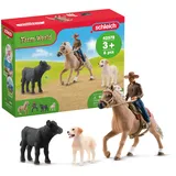 SCHLEICH Farm World | Westernreiten 42578 | Bauernhof Set mit Cowboy, Pferd, Kuh und Hund sowie Zaumzeug & Sattel | Western Rodeo Zubehör | Bauernhof Spielzeug ab 3 Jahre Set aus 6 Teilen