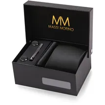 MASSI MORINO Krawatte Schwarz mit Einstecktuch Set Herren inkl. Manschettenknöpfe, Krawattennadel und Geschenkbox | Männer Krawattenset zur Hochzeit - Einheitsgröße