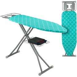 Relaxdays Bügelbrett für Dampfbügeleisen, 122 x 39,5 cm, höhenverstellbar, klappbar, Ablage, Bügeltisch, türkis/silber