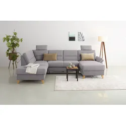 Wohnlandschaft HOME AFFAIRE "Westerland U-Form", silber, B:303cm H:90cm T:213cm, 100% Polyester, Sofas, Federkern, wahlweise Bettfunktion, Stauraum und Armlehn-Verstellung