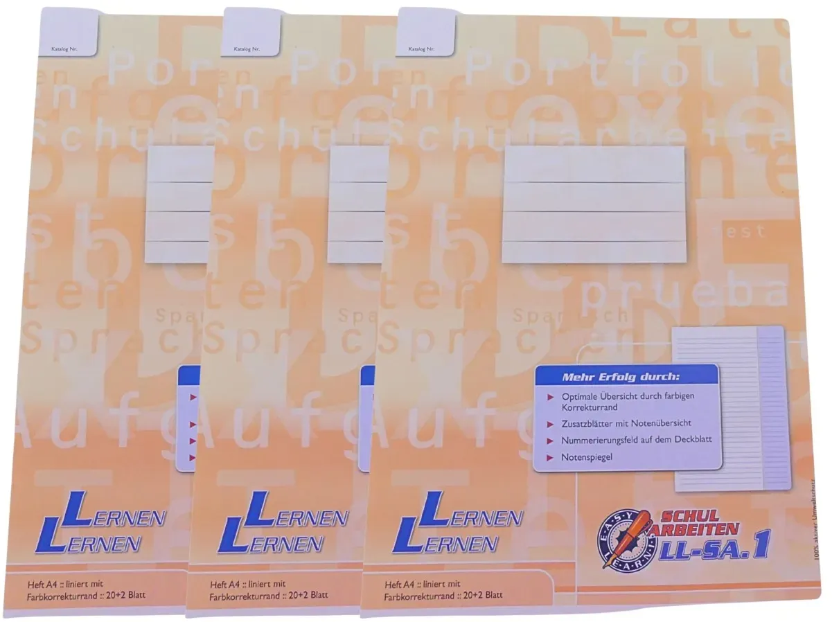3x Lernen Lernen Schulheft A4 ? LL-SA.1, liniert mit Farbkorrekturrand, 20+2 ...