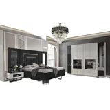 JVmoebel Schlafzimmer-Set Schlafzimmer Set 2x Nachttische Kleiderschrank Bett 4tlg, (4-tlg), Made in Europa schwarz