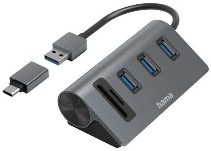 Produktbild Hama USB Hub Kartenleser, 5 Ports, 3x USB A, SD, microSD, USB C Adapter USB-Adapter USB Typ A, USB-C grau|schwarz