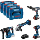 Bosch Professional, Bohrmaschine + Akkuschrauber, Combo Kit Set mit 4x 18V: GSR18V-110C/GDX18V-210C/GWS18V-10/GBH 18V-24C, 3x Akku (Akkubetrieb)