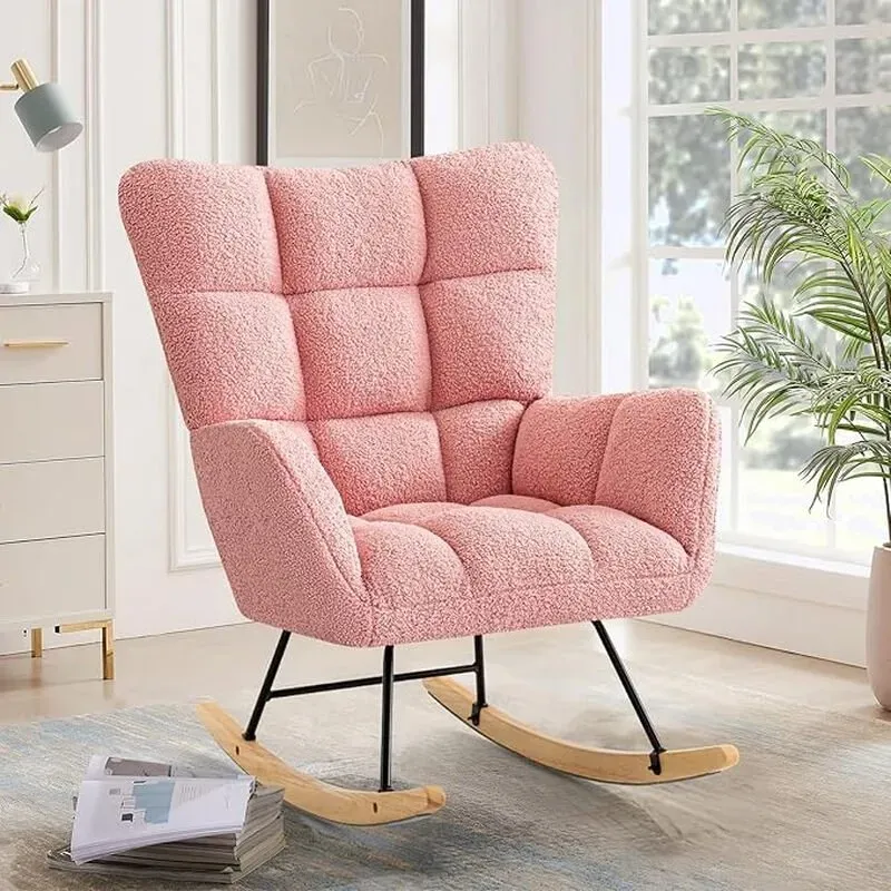 Ckaff Schaukelstuhl, Stillstuhl, Babyzimmer, Entspannungsstuhl, Polsterarmstuhl, Wohnzimmerstuhl, Lesestuhl mit Holzgleitern, Armlehne für Wohnzimmer, Schlafzimmer, Babyzimmer, Rosa