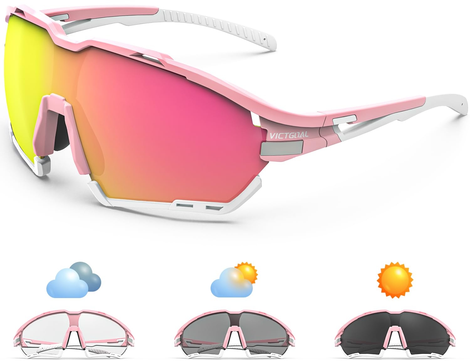 Victgoal Fahrradbrille Herren Damen UV400 Schutz Sonnenbrille, mit 2 Wechselgläser Polarisierte & Photochrome, Schutzbrille Sportbrille für Outdoorsports wie Radfahren Laufen Angeln (Rosa)
