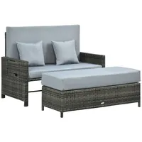 Outsunny Gartenlounge-Set Polyrattan Lounge-Sofa Zweisitzer-Gartensofa mit Liegefunktion, (Zweisitzer-Gartensofa mit Liegefunktion, 2-tlg., Zweisitzer-Gartensofa mit Liegefunktion), Polyrattan Lounge-Sofa 2-Sitzer Set Gartenliege Hocker Grau grau 130 cm x 96 cm x 72 cm