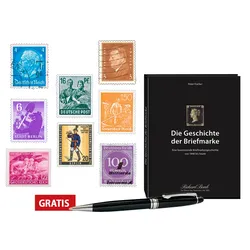 Acht Original-Briefmarken und Sammelband „Die Geschichte der Briefmarke“