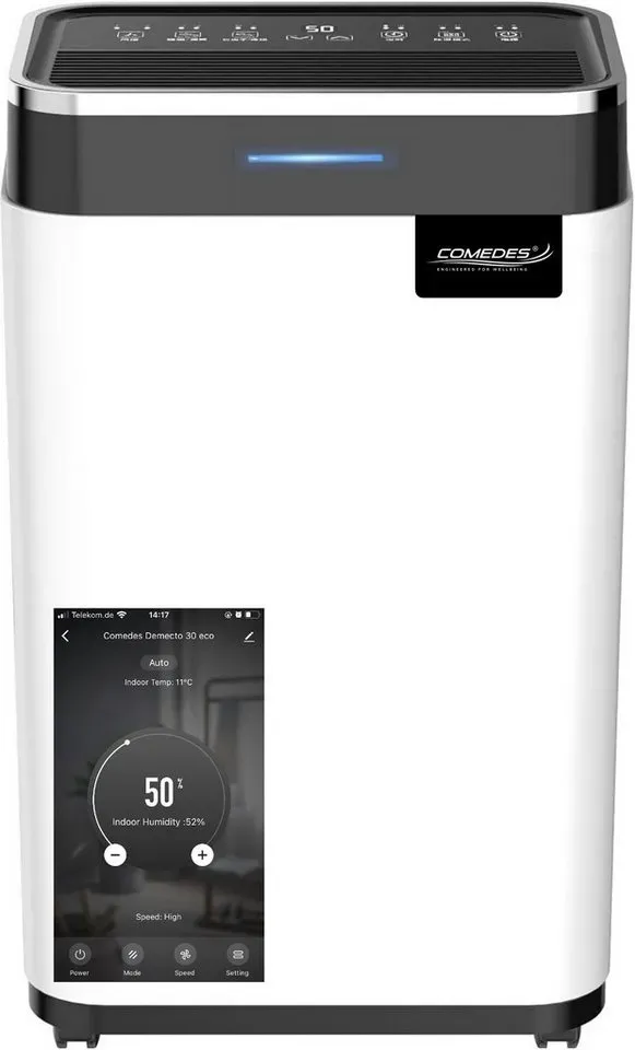 Comedes Luftentfeuchter Demecto 30 eco WIFI, für 115 m3 Räume, Entfeuchtung 25,00 l/Tag, Tank 6,50 l, Smartphone-App weiß