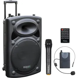 Ibiza - PORT15UHF-BT - Tragbares Lautsprechersystem 15"/800W MAX mit 2 Mikrofonen (UHF), Fernbedienung und Schutztasche - Bluetooth, USB, SD & TWS - 6 bis 8 Std. Betriebsdauer - Speaker Box