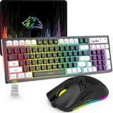 Tastatur und Maus Set 2.4GHz Kabellos,96 Tasten RGB Beleuchtet Mechanische Feel Membran Tastatur Leichte Optische Maus Wiederaufladbares Ergonomisches - Schwarz