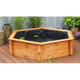 Hochteich Orf – Terrassenteich aus Kiefer, Honigbraun / Grau / Natur – sechseckiger Gartenteich – ideal auch als Balkonteich