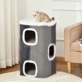 PawHut Kratztonne für Katzen Katzenkratzbaum 3 Ebenen Haustiere Möbel Grau+Weiß