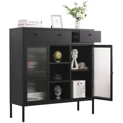 Mein-Regal Kommode Paris 105x35x110cm Metall 3 Schubladen 3 Fächer Glastüren schwarz