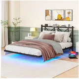 Odikalo Metallbett 120/140x200 cm Bettgestell LED Ladestation Kopfteil Schwebebettrahmen 140 cm