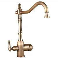 SXLSZ 3 Wege Trinkwasserhahn Küchenarmatur, Nostalgie Antik Messing Küche Wasserhahn Für Wasserfilter, 360° Drehbar Spültischarmatur 2 Hebel 3 in 1 Mischbatterie Spüle Armatur,Antike Bronze