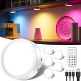 RGB LED Spot Akku USB Aufladbar, 2400mAh Batteriebetrieben Farbwechsel Vitrinenbeleuchtung Kabellos mit Fernbedienung und Timer Unterbauleuchte Küche LED Rund Dimmbar Magnetish Touch Schrankleuchten