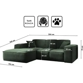 kaiser möbel Ecksofa, Eckcouch L form, Wohnzimmer Couch SIENA stoff Poso Grün Ottomane Links - Grün