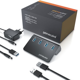 Primewire - 4 Port USB 3.2 Gen.1 Hub Aktiv - 4 Port Verteiler mit Netzteil - USB 3.0 USB 3.2 Gen.1 Datenhub - für PC Notebook Laptop Ultrabook Tablet