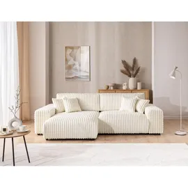 s-style möbel Mollis - Ecksofa mit Schlaffunktion und Bettkasten aus Hellbeige Plüschcord mit schöner Sitzkomfort
