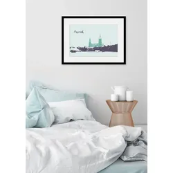 queence Bild »Munich Skizze«, Städte-Schriftzug-Deutschland-Stadt-Gebäude-München, (1 St.), HD Premium Poster-Druck inkl. Holzrahmen queence Farbe Rahmen: schwarz + Farbe Bild(er): blau