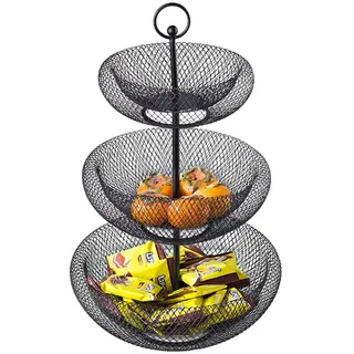 Obst Etagere 3 Stöckig Metall, 3-Tier Obstkorbschale, Obstkorb Modern für Obst und Gemüse Früchteschale Brotkorb, Hält Die Lebensmittel Frisch(Schwarz/Gold),Black