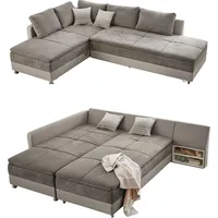 luma-home Federkern Ecksofa 306x223 cm Boxspring Topper, Schwenkteil rechts, Kunstleder Beige+Mikrofaser Grau Braun, / 15102