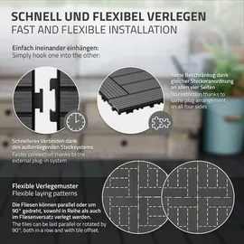 ECD Germany WPC Terrassenfliesen 30x30 cm 11Er Spar Set Anthrazit Mosaik, Holzoptik, Bodenbelag mit Drainage, Terrassendielen Balkonfliesen, Klickfliesen für Terrasse Garten und Balkon