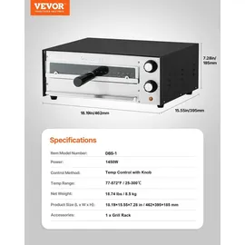 Vevor elektrischer Pizzaofen für 305 mm Pizza 1450 W Pizzabackofen bis 300 °C, Pizzamaker mit Zeit- und Temperaturregelung, Pizzabackmaschine Pizzamaschine multifunktional Grillofen Schwarz