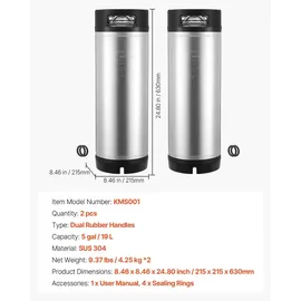 Vevor Corny Keg, 19 L Ball Lock Keg, SUS304 Cold Brew Kegs Fass Eimer mit zwei Gummigriffen & robustem Gummiboden, Brauausrüstung für Heimbraupartysv Bar Bistro Restaurant Café, 2 Stk.
