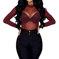 ORANDESIGNE Netzshirt Damen Schwarz Damen Netzoberteil Netz Hose Set Transparent Bluse Langarm Top Bauchfrei Sexy Langarmshirt Party Clubwear Outfit I Rot S - S