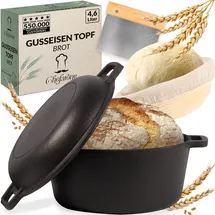Chefarone Gusseisen, Inkl Gärkorb und Teigschaber, 26 Cm Topf Backen Brot, Brotbackform mit Deckel, 21 Brottopf Zum Backen, 4.6l Robuster Brotbacktopf