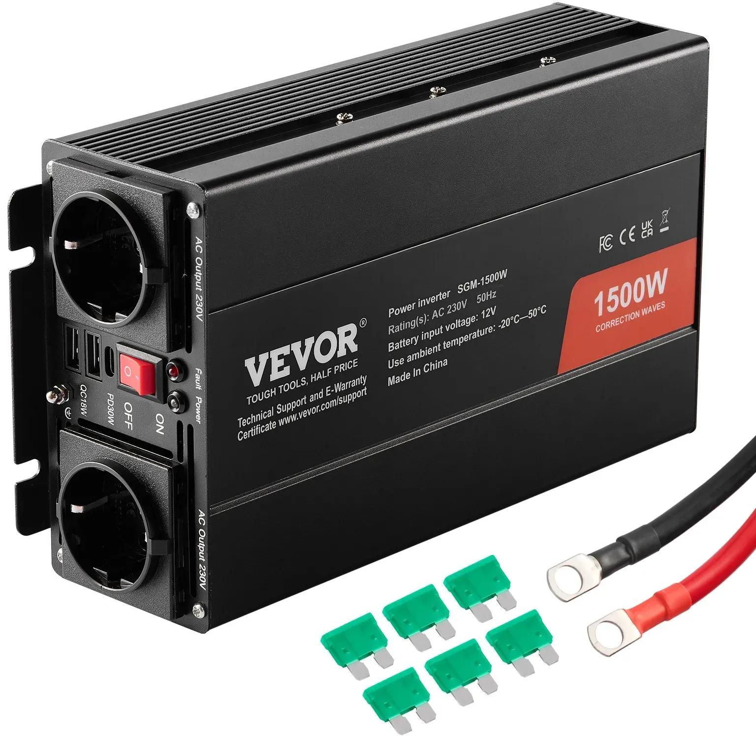 VEVOR Sinus-Wechselrichter, 1500 W DC 12 V AC 230 V Wechselrichter mit 2 AC-Steckdosen 2 USB-Anschlüssen 1 Typ-C-Anschluss 6 Ersatzsicherungen für kleine Haushaltsgeräte wie Smartphone-Laptops