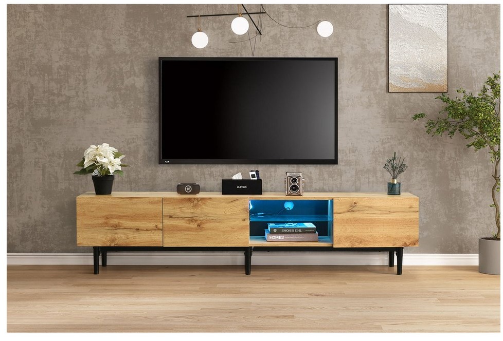 IDEASY Spind Moderner TV-Schrank mit Holzmaserung, 7 LED-Leuchten mit variabler Farbe, 175 x 31 x 41 cm, 50 kg Tragkraft,MDF-Platten